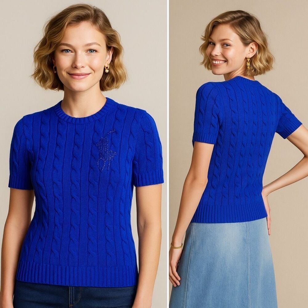 Polo Ralph Lauren Beaded Pony Short Slv Cable Knit Sweater XS Preppy Old Money